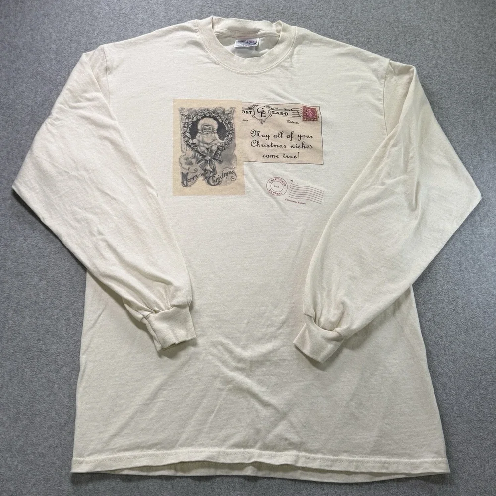 Vintage Greetwear Express Christmas LS Shirt Santa Postcard Hanes‎ Beefy T - M